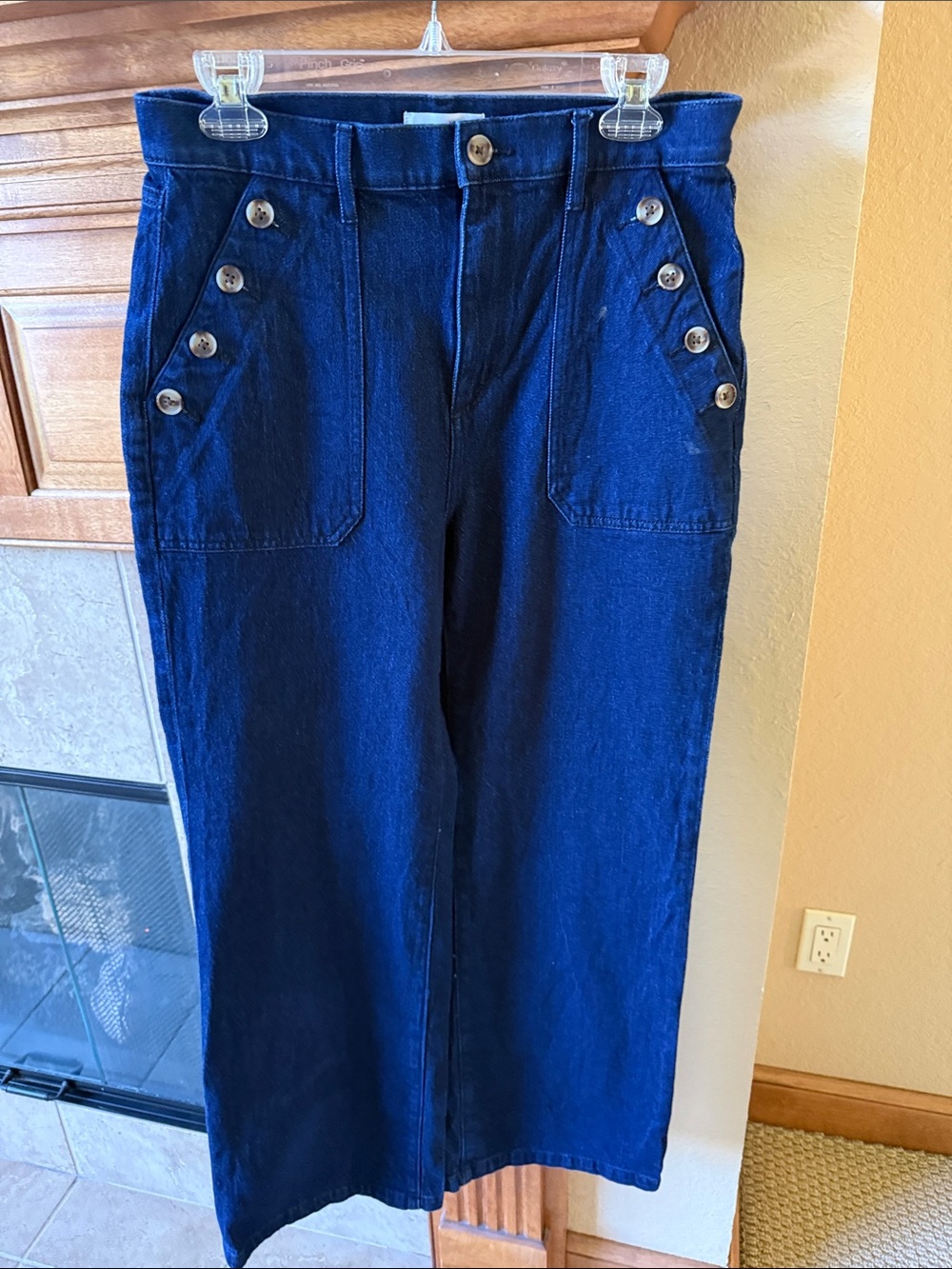 LOFT Dark Blue High-Rise Wide-Leg Jeans with Buttoned Pocket Detail
